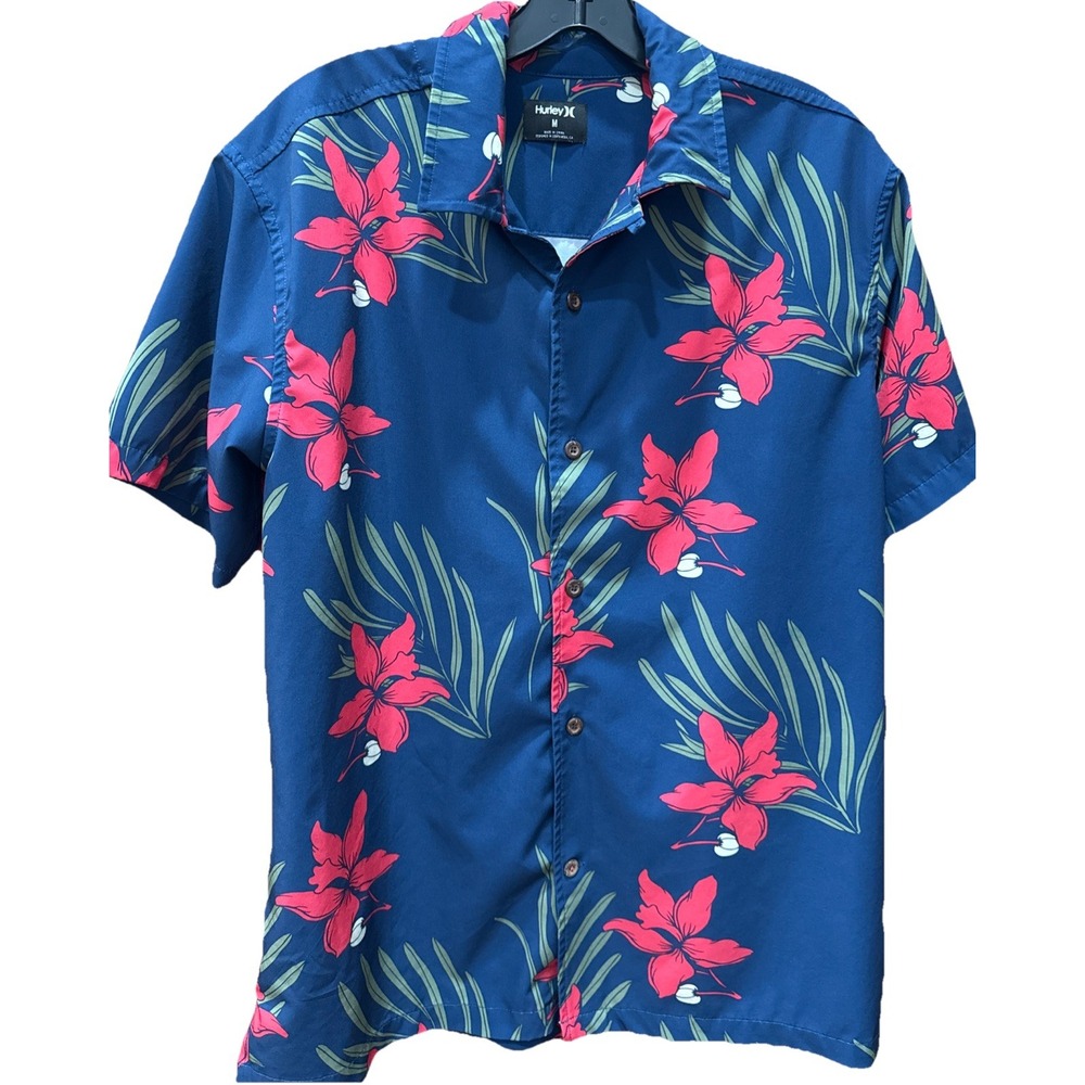 Hurley‎ Mens Medium Blue Hawaiian Shirt Floral Tropical Cruise Party Luau Pink
